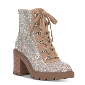 INC Womens 10.5 M Tan Bling Shada Embellished Lace Up Block Heel Booties NIB LP5